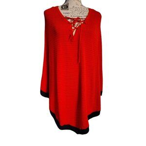 New Talbots Large Red Poncho Knit Sweater, Black Trim, Eyelet Tie at Neck NWT